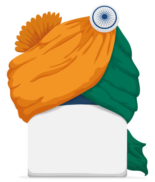 Traditional turban with Indian colors decorated with button and sign Traditional turban -or Pheta- with Indian colors decorated with Ashoka Chakra inside button over a empty sign. dharmachakra stock illustrations