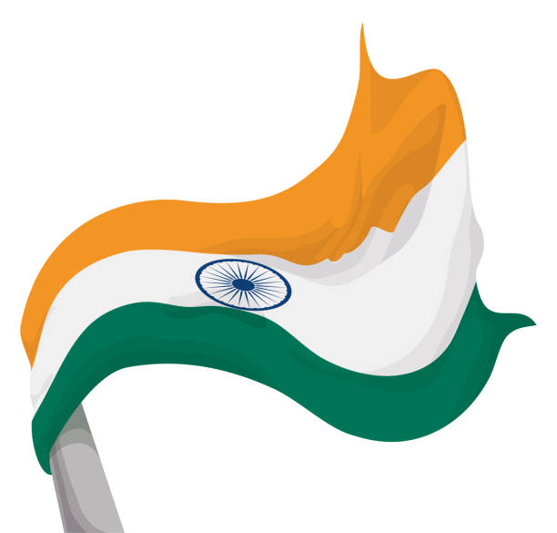 ansicht der wehenden indischen flagge und fahnenstange im cartoon-stil - indian flag india flag celebration stock-grafiken, -clipart, -cartoons und -symbole