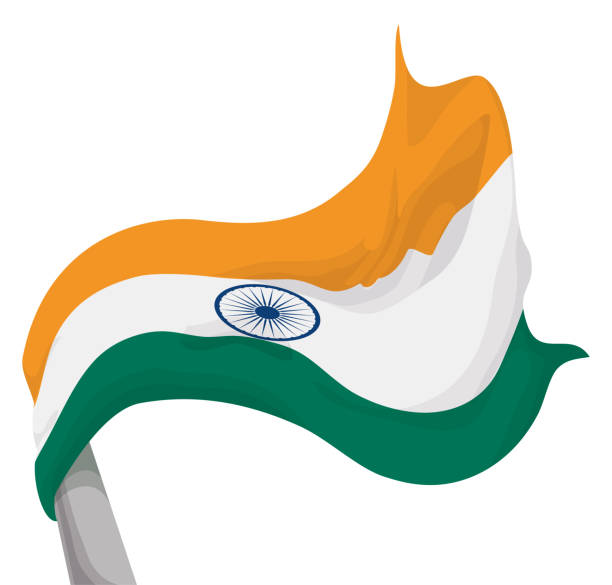 View of waving India flag and flagpole in cartoon style View of waving India flag and flagpole in low angle, isolated over white background. dharmachakra stock illustrations