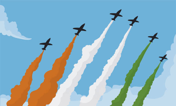 ilustraciones, imágenes clip art, dibujos animados e iconos de stock de exhibición de espectáculos aéreos con aviones con humo de colores como la bandera india - airshow