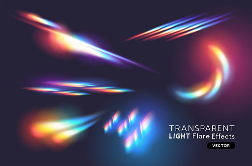 A set of colourful vector lens and light flare transparent effects. Vector illustration.