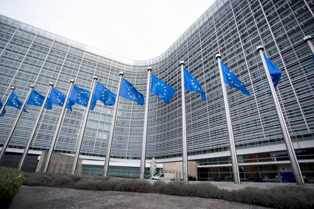 European Union EU flags in front of EU headquarters Berlaymont European Commission building in Brussels, Belgium. city of brussels stock pictures, royalty-free photos & images