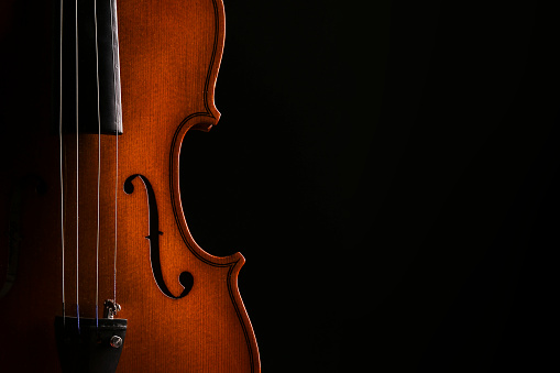 Close-up of violin detail on black background with copy space.
