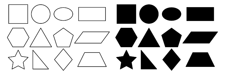 Geometric shapes set. Educational black silhouette and line figures. Basic forms. Vector isolated on white