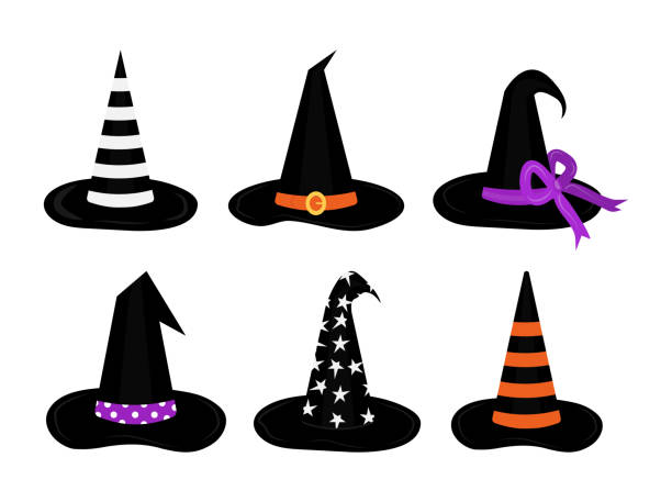ilustraciones, imágenes clip art, dibujos animados e iconos de stock de juego de sombreros de bruja - witchs hat costume witch holidays and celebrations