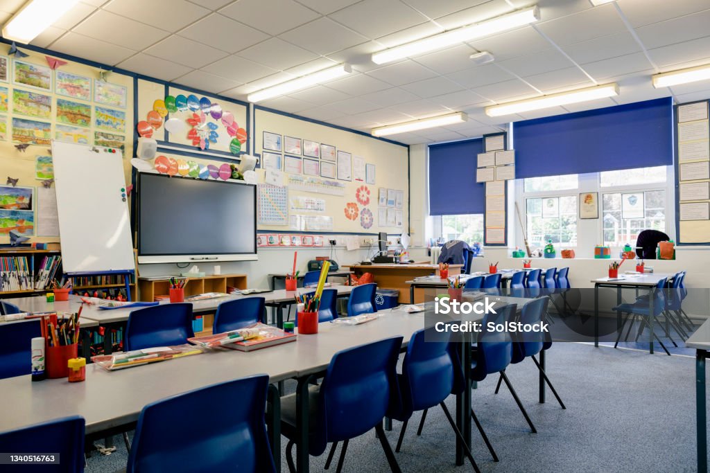 Empty Classroom A wide angle view of an organised and tidy classroom in a school in Hexham in the North East of England Classroom Stock Photo