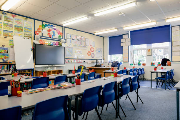Empty Classroom A wide angle view of an organised and tidy classroom in a school in Hexham in the North East of England classroom stock pictures, royalty-free photos & images
