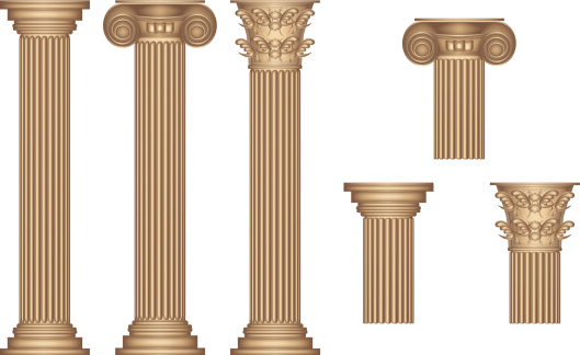 Doric, Ionic and Corinthian columns done in gold, also with their capitols isolated on side.