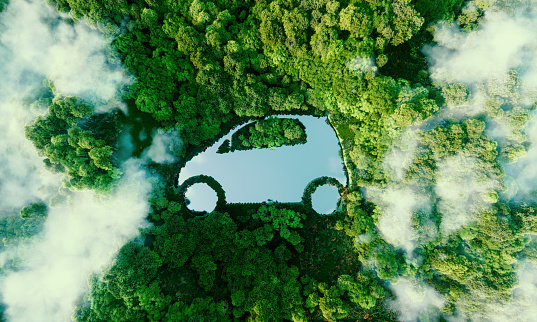 Concept depicting new possibilities for the development of electric and hybrid cars and the issue of ecological travel in the form of a car-shaped pond located in a lush forest. 3d rendering.