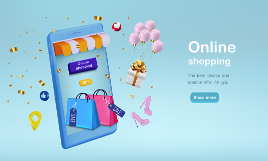 Shopping bag with gift  and confetti for online shopping