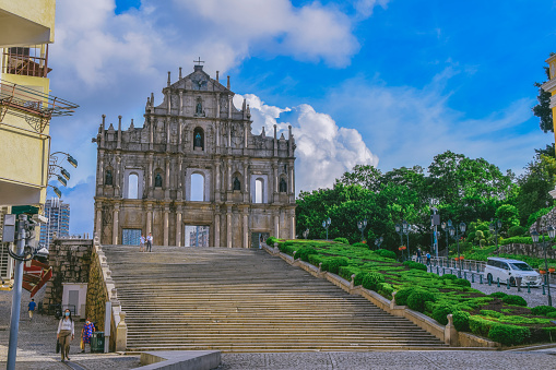 Macao,China AUG,25.2021 Ruins Of Saint Paul's Cathedral. Built from 1582 to 1602 by the Jesuits. Was destroyed by a fire during a typhoon in 1835.