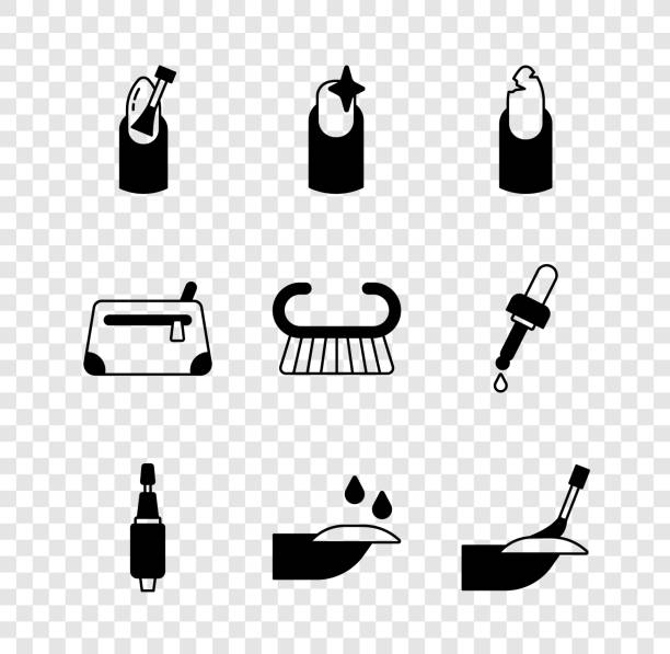 Set Nail manicure, Broken nail, Milling cutter for, Manicure, Cosmetic bag and Pedicure brush grater icon. Vector Set Nail manicure Broken nail Milling cutter for Manicure Cosmetic bag and Pedicure brush grater icon. Vector. broken lipstick stock illustrations