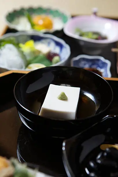 Japanese traditional vegitarian dinner mainly made from tofu and vegitables, eating at guest house attached to temples.