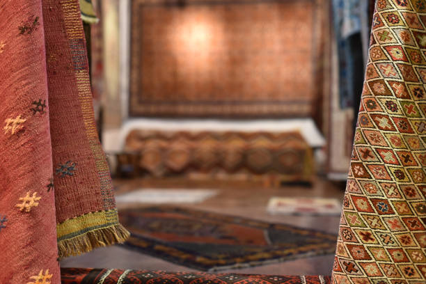 Turkish vintage carpets store stock photo