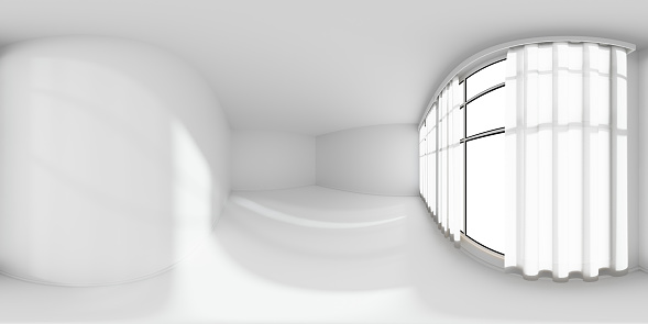 White empty room with white walls, floor and windows with curtains, 360 degrees spherical panorama background, HDRI environment map, 3D illustration.