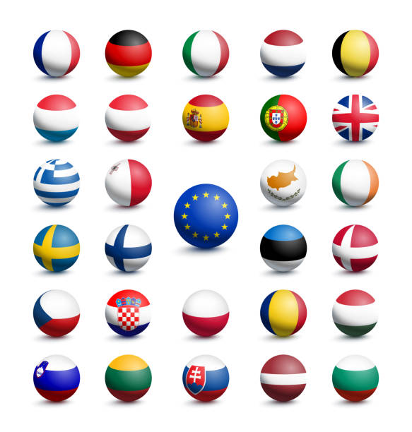 illustrazioni stock, clip art, cartoni animati e icone di tendenza di bandiere a forma di palla dell'unione europea insieme al regno unito - belgium map flag three dimensional shape