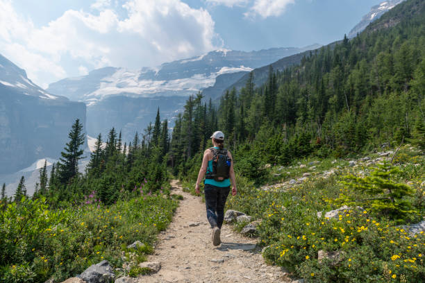 Woman hikes along trail, in Banff National Park Canadian Rocky Mountains visible in the distance canadian rockies stock pictures, royalty-free photos & images