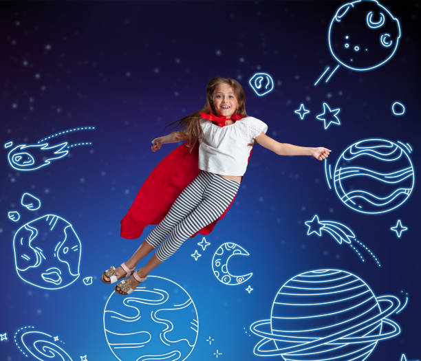 istock Conceptual artwork with little girl flying in her dreams among drawn planets in outer space. Ideas, inspiration, imagination. Collage 1340531641