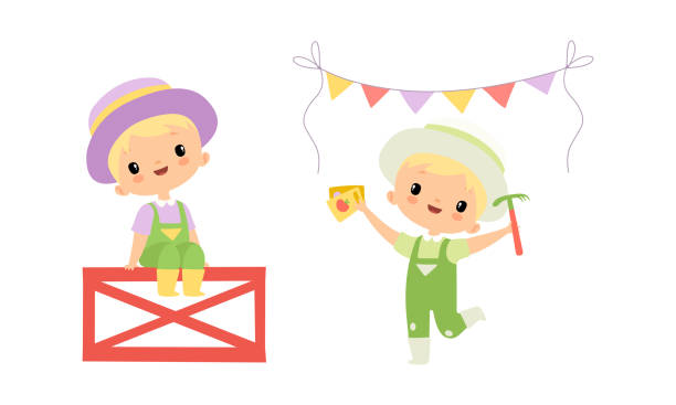Little Blond Boy in Jumpsuit at Farm Sitting on Fence and Holding Seeds Vector Set Little Blond Boy in Jumpsuit at Farm Sitting on Fence and Holding Seeds Vector Set. Cute Kid at Farmland Engaged in Summer Horticulture and Gardening Concept person sitting on fence stock illustrations