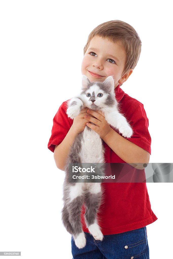 Kleiner Junge mit Katze auf Händen - Lizenzfrei Hauskatze Stock-Foto
