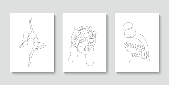 Set with 3 woman abstract one continuous line portrait. Modern minimalist style illustration for posters, t-shirts prints, avatars, postcard. Single line draw graphic design.