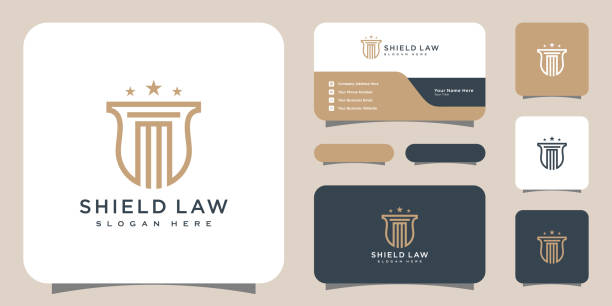 ilustrações, clipart, desenhos animados e ícones de escritório de advocacia e escudo logotipo design vetor e cartão de visita - stability law column business