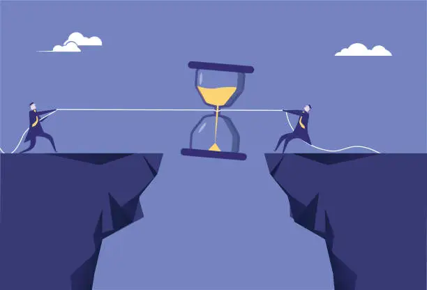 Vector illustration of Two business men compete for time on the cliff