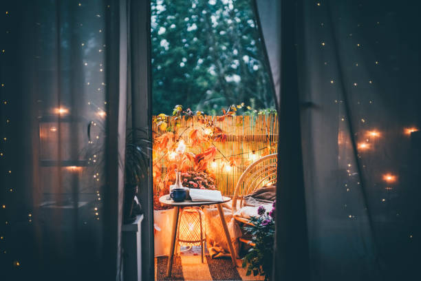 Eco friendly autumn bamboo terrace at the night.