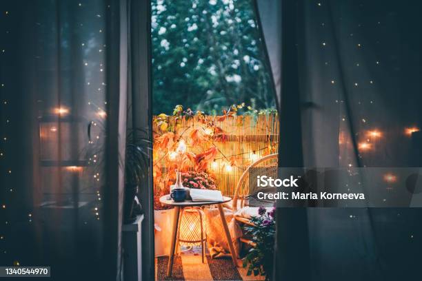 Eco Friendly Autumn Bamboo Terrace At The Night Stock Photo - Download Image Now - Autumn, Balcony, Summer