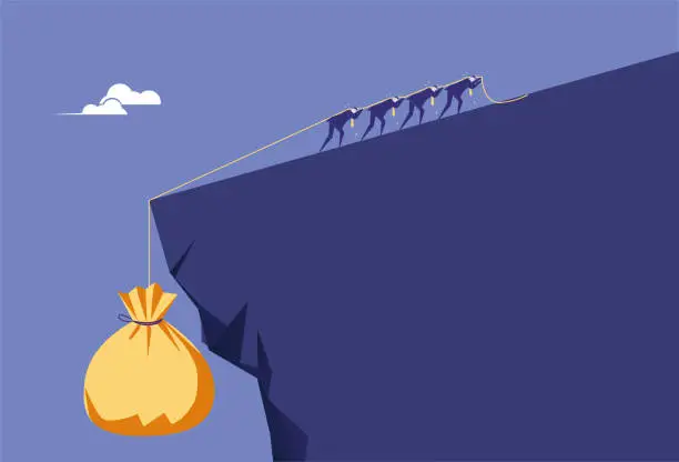 Vector illustration of People work hard to pull wealth up the cliff