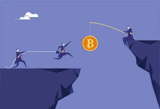 Vector illustration of Business men hold people who are lured by Bitcoin and fall into the cliff