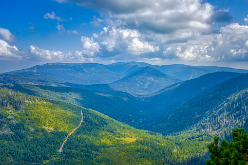 panoramic view of beautiful Karkonosze (Krkonoše, Giant Mountains) mountains covered with green forest and meadows
