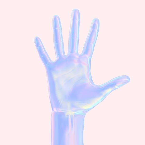 istock Five fingers opened palm gesture holographic gradient creative neon hand banner 3d rendering 1340547169