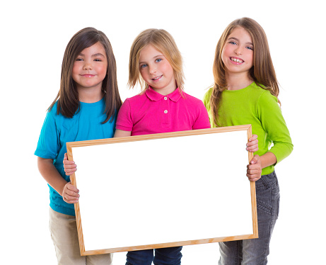 children group kid girls holding blank white board copy space