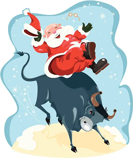 Vector illustration of Funny cartoon displayed Santa on rodeo