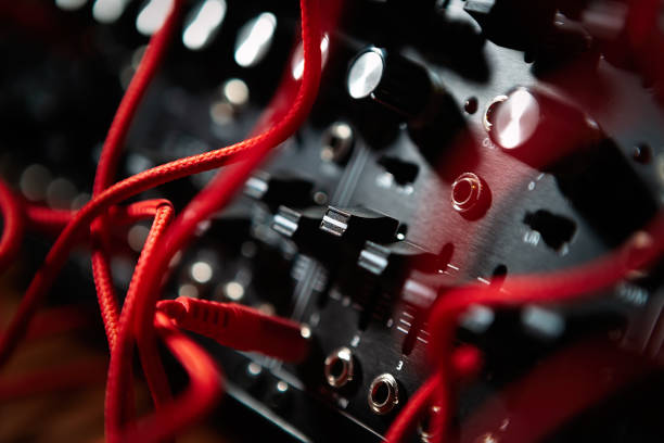 Retro style analog modular synth device with high quality audio cables for electronic and techno music producer