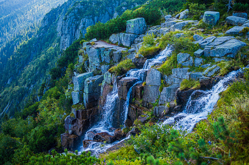 beautiful falling waterfall in the Karkonosze (Krkonoše, Giant Mountains) mountains