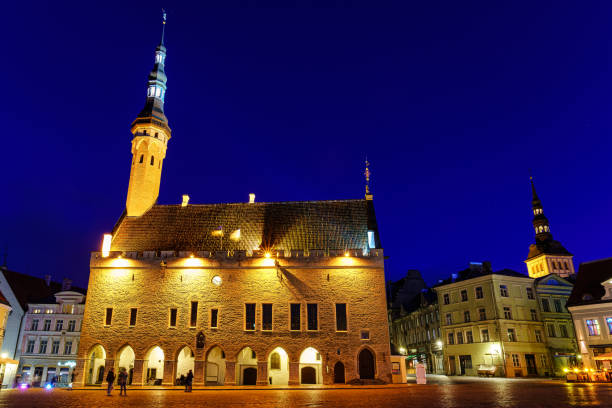 istock Tallinn Town Hall Square illuminated at night after raining. 1340549714