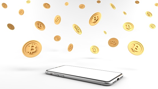 3D rendering. Minimal abstract scene with Smartphone white screen and Surrounded by cryptocurrency bitcoin. Smartphone can be used for advertising, Future currency, Isolated on white background.