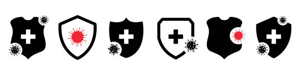 ilustrações de stock, clip art, desenhos animados e ícones de different virus protection icons. coronavirus and vaccine concept. sticker for antiseptic package - anti bacteria