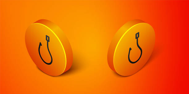 Isometric Fishing hook icon isolated on orange background. Fishing tackle. Orange circle button. Vector Isometric Fishing hook icon isolated on orange background. Fishing tackle. Orange circle button. Vector. barb feather part stock illustrations