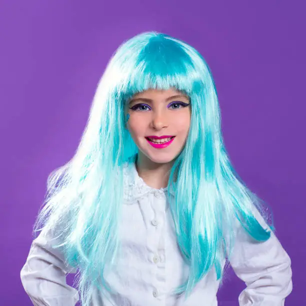 Children girl with blue turquoise long wig as fashiondoll on purple