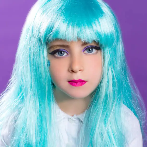 Children girl with blue turquoise long wig as fashiondoll on purple