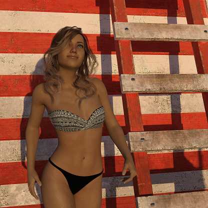 3d illustration of a woman wearing a bikini looking up while standing next to an old lifeguard station in the early morning light.