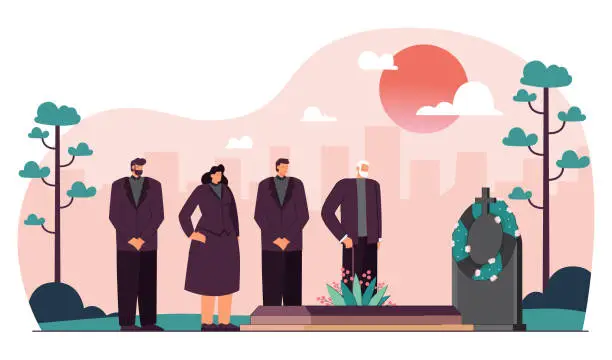 Vector illustration of Cartoon people in mourning clothes attending funeral