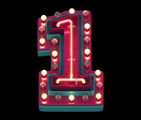 Lamp and neon font. Red and blue metal. Number .