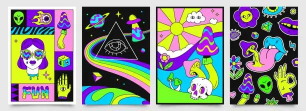 Vector illustration of Retro psychedelic hippie posters with space, mushrooms and rainbows. 70s abstract covers with skull, floating eyes, crazy lips vector set