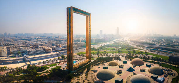 Aerial view of Dubai Frame near downtown Dubai with old Dubai skyline in the United Arab Emirates stock photo