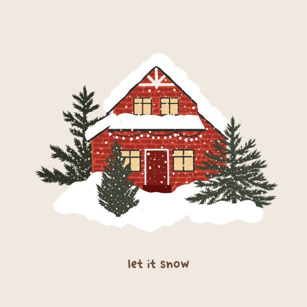 Christmas snowy house outside interior with winter landscape and fir trees. Vector illustration in hand drawn cartoon flat style