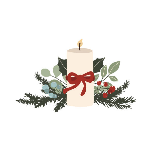 ilustrações de stock, clip art, desenhos animados e ícones de christmas candle with spruce branches and berries. winter holiday new year season card. vector illustration in hand drawn cartoon flat style - advent calendar